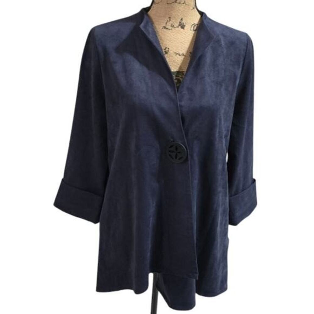 IC by Connie K Blue Vegan Suede Asymmetrical Hem Jacket Women's Size Small